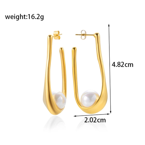 Titanium Steel Artificial Pearl Earrings For Women Geometric Metal Sense Gold Silver U-Shape Drop Earrings Fashion Jewelry
