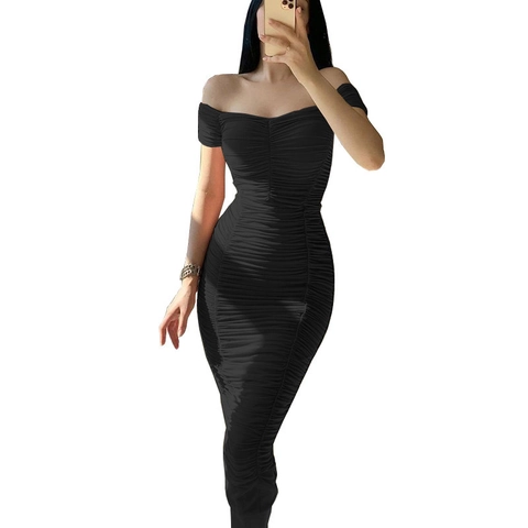 Elegant Off-Shoulder Ruched Maxi Dress Solid Color Slim Fit Bodycon Summer Party Clubwear Dress For Women