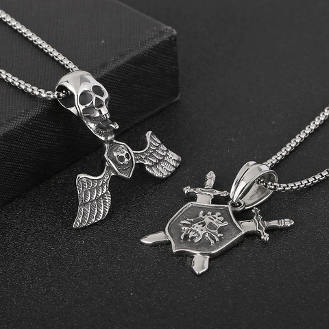 Collar Con Colgante De Calavera Y Escudo De Acero Inoxidable Para Hombre Joyería Gótica Punk