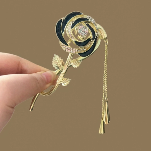 Pinza Para El Pelo De Rosa Elegante Aleación Diamantes De Imitación Esmalte Accesorio Para El Cabello Vintage Con Borla Larga Para Mujer