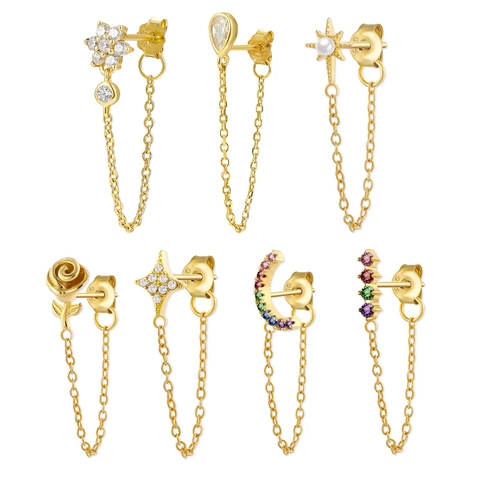 925 Sterling Silver Earring Tassel Chain Flower Star Moon Zirconia Dangle Drop Sweet Elegant Jewelry For Women