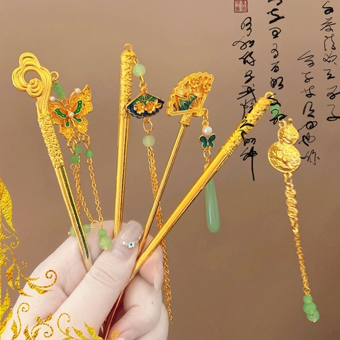 Bastoncino Per Capelli Stile Cinese Antico Lega Finta Giada Nappa Farfalla Ventaglio Accessori Hanfu Elegante