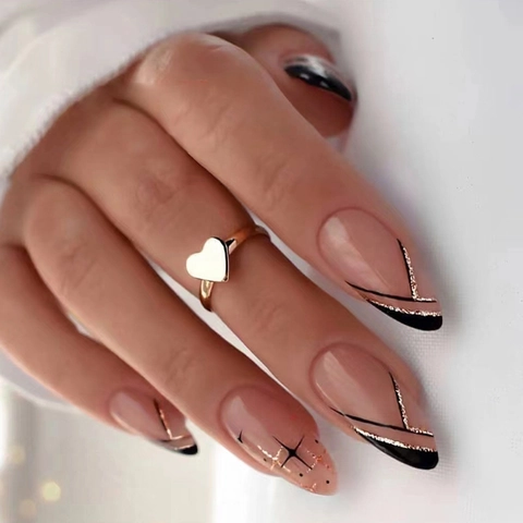 Uñas Postizas De Almendra Larga Líneas Diagonales Francesas Negras Cielo Estrellado Brillo Uñas Artificiales