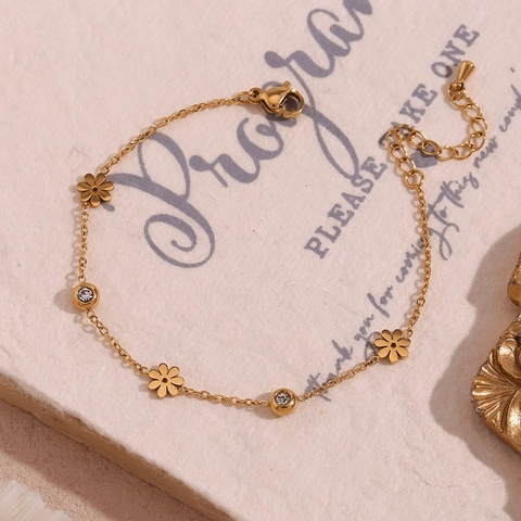 Élégant Bracelet Fleur en Acier Inoxydable pour Femme Plaqué Or 18K Strass Marguerite Trèfle Bijoux Bracelet Chaîne Réglable