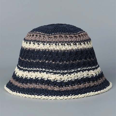 Chapeau Cloche Tricoté Au Crochet Rayé Pour Femmes Pliable Respirant Protection Solaire Style Japonais