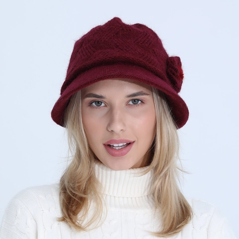 Damen Strick Glockenhut Acryl Kaninchenhaar Blume Dekor Bommel Winter Warm Winddicht Elegant Vintage Kopfbedeckung
