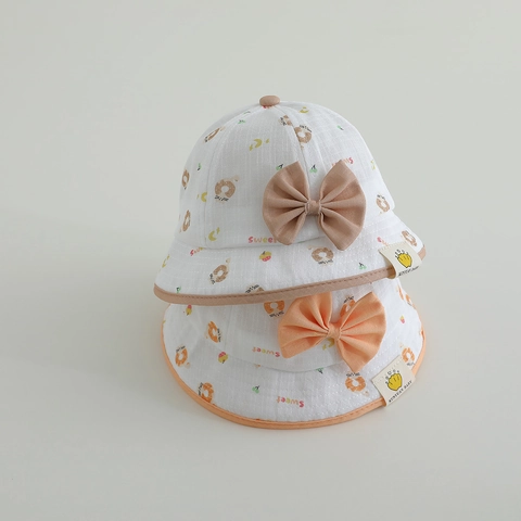 Cappello Pescatore Neonata Misto Cotone Stampa Ciambelle Fiocco Dolce Protezione Solare Traspirante All'aperto