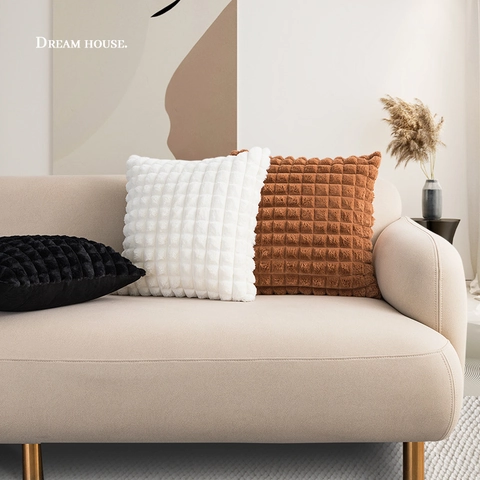 Plaid Texture Pillow Cover Faux Rabbit Fur Plush Soft 3D Grid Pattern Decorative Cushion Case For Sofa Bed Living Room