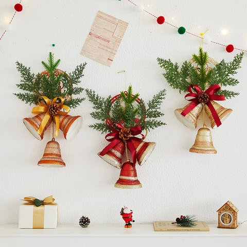 Christmas Hanging Bells Ornaments With Glitter Pine Cones Ribbon Bow Reindeer For Festive Home Door Window Decoration