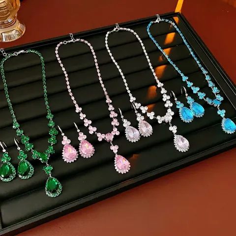 Luxus Wassertropfen Zirkonia Halskette Und Ohrringe Für Damen Kupfer Französischer Vintage-Stil Schmuck
