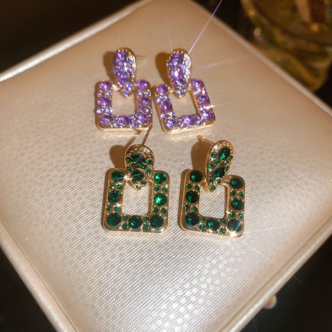 Alloy Rhinestone Geometric Square Water Drop Stud Earrings With Silver Earring Post Vintage Luxury Style For Women