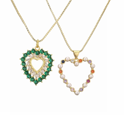 Collana Con Pendente A Cuore Rame Placcato Oro Cavo Zircone Perla Artificial Elegante Catena Da Clavicole Gioielli Per Donna