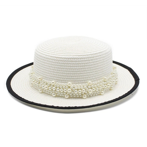 Cappello Boater Vintage Da Donna In Paglia A Tesa Piatta Protezione Solare Con Decorazione Di Künstliche Perle E Bordo Contrastato