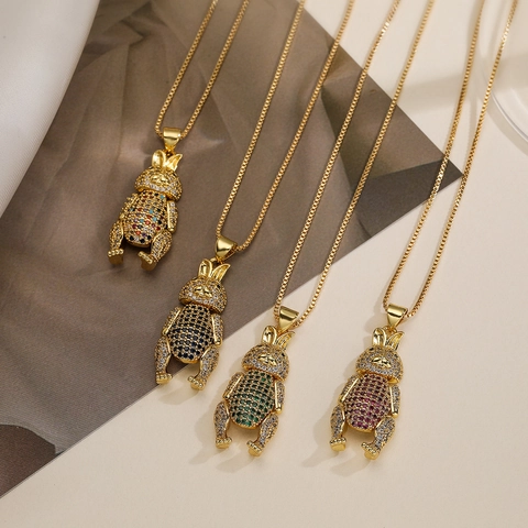 Hase Anhänger Halskette Kupfer Vergoldet Mit Bunten Zirkonia Beweglichen Gliedmaßen 3D Tier Schmuck Für Frauen Trendy