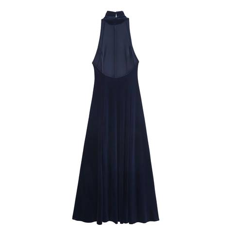 Vestito Maxi In Velluto Schiena Scoperta Scollo All'Americana Senza Maniche Blu Scuro Elegante Sera Lungo Donna