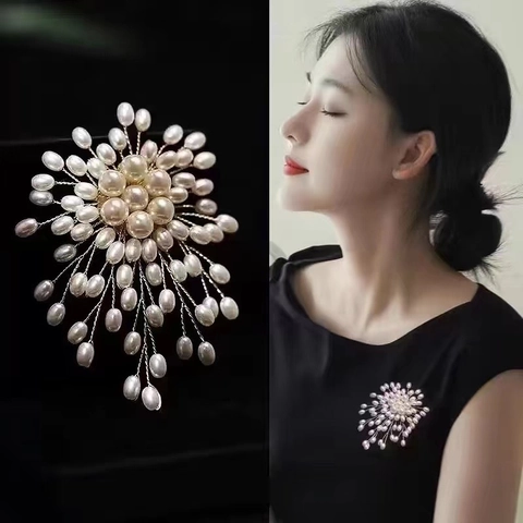 Handmade Faux Artificial Pearl Firework Flower Brooch Pin Elegant Metal Wire Wrapped For Women Clothing Accessory