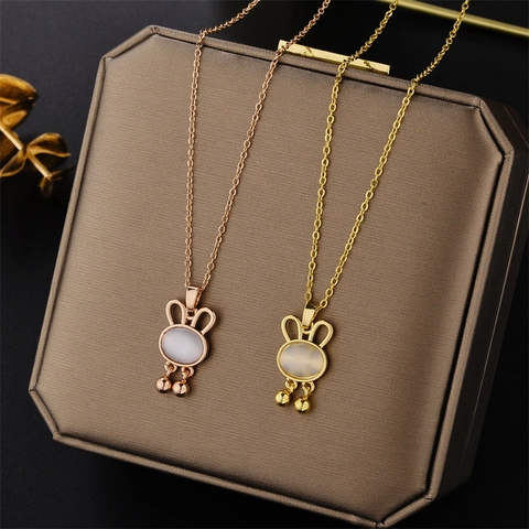Collar de Colgante de Conejo Lindo Acero de Titanio Chapado en Oro Piedra Ojo de Gato Joyería Animal para Mujer
