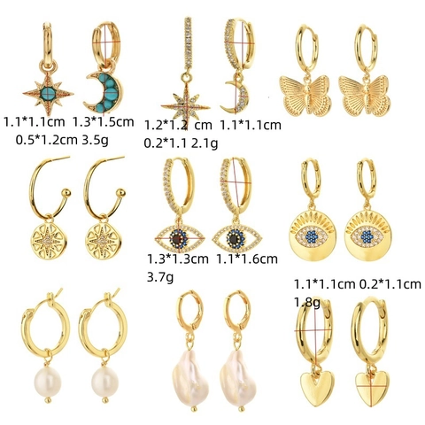 Pendientes de Cobre de Moda Chapado en Oro de 14K Patrones Ojo Turco Corazón Estrella Con Circonia Perlas de Agua Dulce Para Mujer
