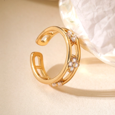 Verstellbarer Offener Ring Kupfer 18K Vergoldet Zirkon Blumencluster Hohl Doppellagig Geometrische Mode Für Damen