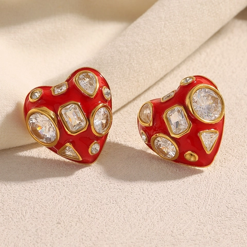 Retro Heart Stud Earrings Red Enamel Cubic Zirconia 18K Gold Plated Stainless Steel Jewelry For Women Vintage INS Style