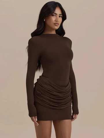 Elegantes Gerafftes Bodycon Minikleid Langarm Rundhals Elastisches Polyester Schmale Passform Einfarbig Damen