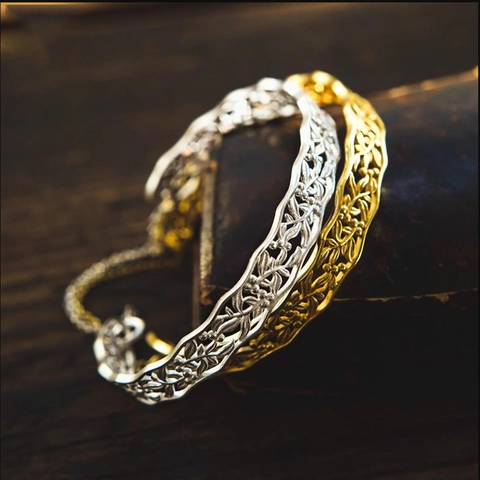 925 Sterling Silver Vintage Hollow Pattern Open Bracelet Adjustable Silver Gold Plated Filigree Cuff Bangle Jewelry For Women Gifts