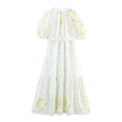 Dames Elegante Florale Maxi Jurk Polyester V Hals Pofmouwen Hoge Taille Tailleband Borduurwerk Lange Jurk