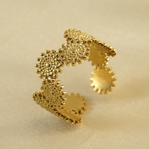 Anillo Abierto Ajustable Patrón Engranaje Acero Inoxidable Chapado Oro Diseño Geométrico Texturizado Joyería Para Mujer