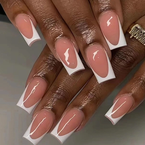 Unghie Finte Press On French Tip Long Coffin Design Bianco Lucido Rosa Nude Unghie Finte Portatili Per Donna