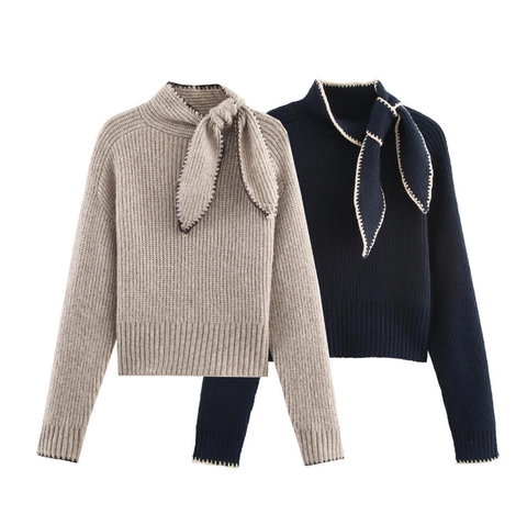 Damen Strickpullover Schleife Schal Ausschnitt Gerippt Langarm Kontrastnaht Lässig Elegant Winter Oberteil