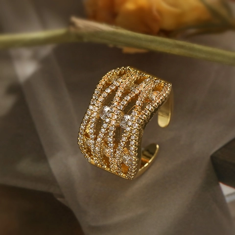 Luxury Geometric Open Adjustable Ring Copper 18K Gold Plated Zircon Micro Pave Fashion Jewelry For Women