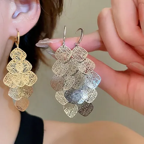 Pendientes Colgantes Cobre Con Poste Plata Geométricos Huecos Rombo En Capas Malla Escalonada Joyas