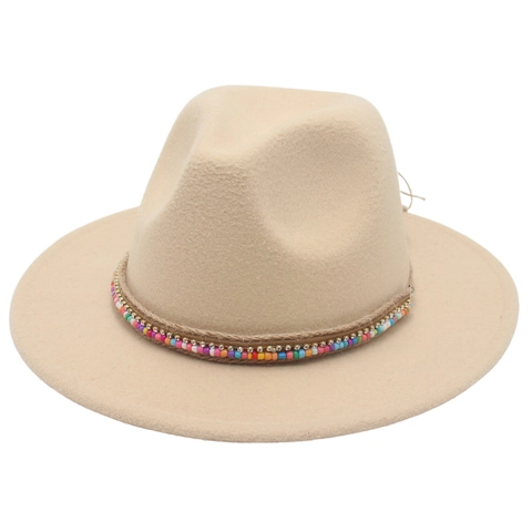 Fedora Hat Woolen Felt Wide Brim With Colorful Beads Rhinestone Ethnic Bohemian Vintage Jazz Hat For Women Men