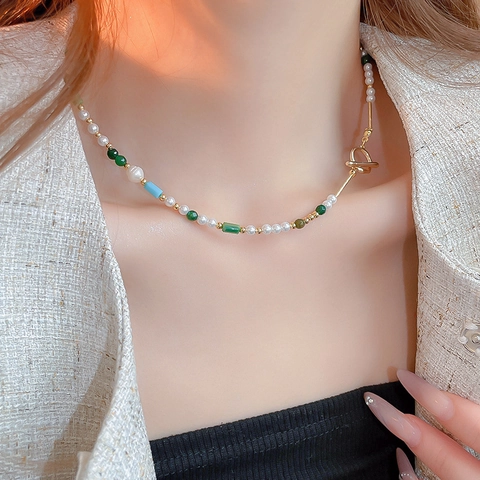 Retro Beaded Necklace For Women With Imitation Artificial Pearl And Agate Colorful Geometric Beads Alloy OT Buckle Clavicle Chain