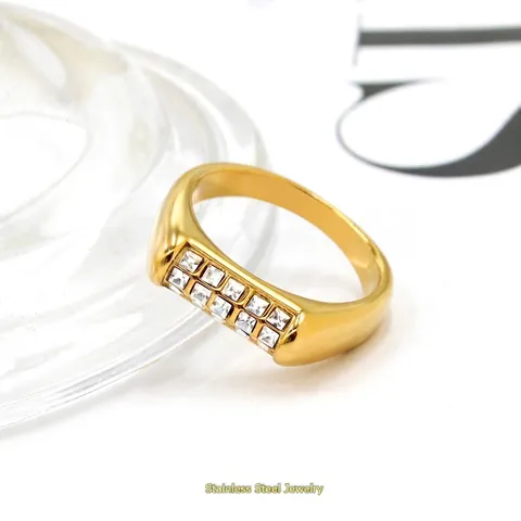 Double Row Square Zircon Stainless Steel Ring 18K Gold Plated Light Luxury Retro Minimalist Band For Women