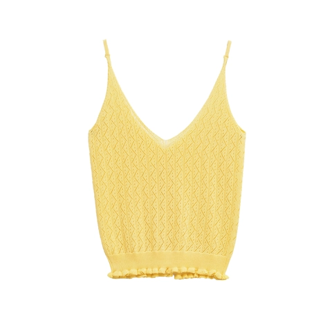 Durchbrochene Strick V-Ausschnitt Camisole Tanktop Und Langarm Cardigan Mit Knopfleiste Rüschensaum Gelb Sexy Top