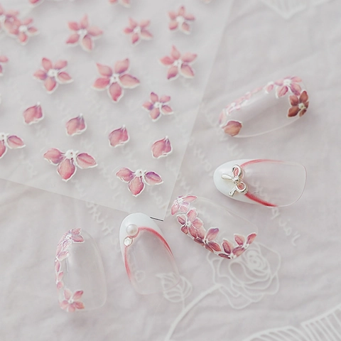 5D Embossed Nail Art Stickers Self Adhesive Ultra Thin Pink Sakura Floral Butterfly Japanese Style Manicure Decoration