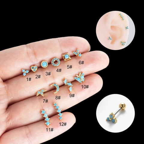 Edelstahl Knorpel Piercing Ohrringe Synthetischer Türkis Zirkon Inlay Schmetterling Krone Schraubverschluss Stecker Damen