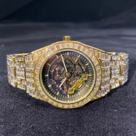 Luxurious Hip Hop Men Skeleton Mechanical Watch Full Rhinestone Metal Belt Luminous Automatic Wristwatch Fashion Male Jewelry