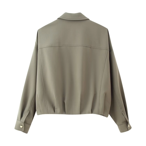 Damen Cropped Bomberjacke Reißverschluss Utility Outerwear Mit Taschen Einfarbig Langarm Casual Chic Polyester