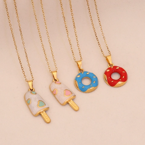 Zoete Donut Ijs Hanger Ketting Roestvrij Staal Emaille Vergulde Sleutelbeen Ketting Verse Sieraden