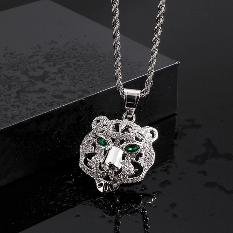 Tiger Leopard Head Pendant Necklace Stainless Steel Iced Out Rhinestone Hollow Hip Hop Men Jewelry
