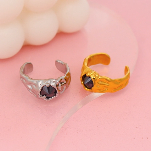 Anillo Abierto de Acero Inoxidable Minimalista para Mujer Textura de Lava Strass Negro Ajustable Joyería de Moda Estética Y2K