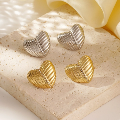 Heart Stud Earrings Stainless Steel 18K Gold Plated Ribbed Zircon Inlaid Minimalist Fashion Jewelry For Women