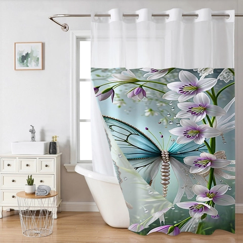 Tenda Da Doccia Senza Ganci E Tappetino Bagno Trama A Nido D Ape Impermeabile Con Fodera Rimovibile Finestra Rete Fiore Farfalla