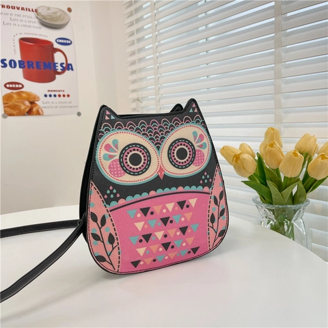 Owl Shape Crossbody Bag PU Leather Colorful Geometric Ethnic Pattern Cute Cartoon Shoulder Bag For Women