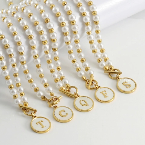 Stainless Steel Letter Necklace With Shell Inlay Pendant And Artificial Pearls 18K Gold Plated OT Buckle Minimalist Jewelry For Women
