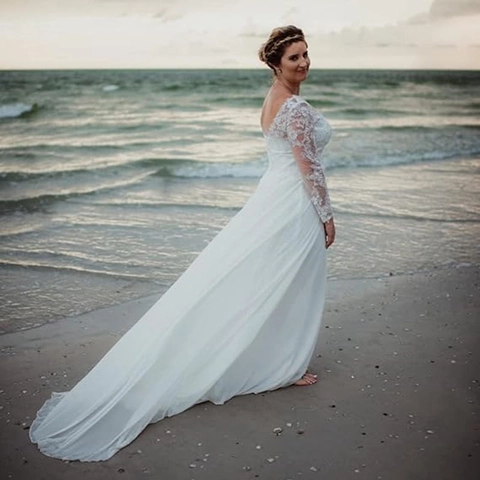 Spitzenapplikation Chiffon Hochzeitskleid Lange Ärmel V-Ausschnitt Rückenfrei Brautkleid Elegant Lange Schleppe Elfenbein