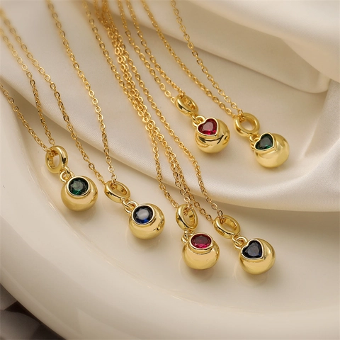Collier Pendentif Coeur Rond En Cuivre Plqué Or Avec Pierres Précieuses En Zircon Coloré Bijoux Style Ins