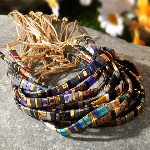 Bohemian Tila Bead Bracelet Handmade Woven Adjustable Ethnic Vintage Glass Enamel Geometric Jewelry Unisex